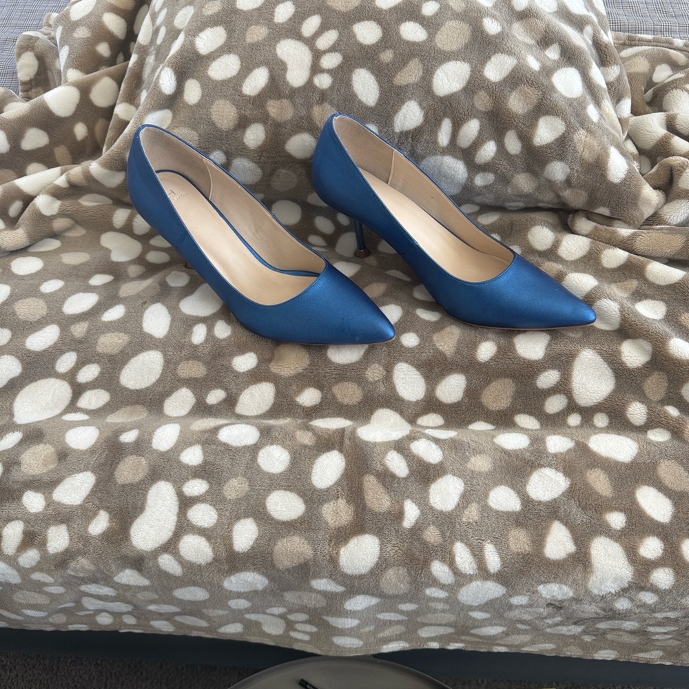 H by Halston Blue Satin Pointed Toe Pumps with Kitten Heel